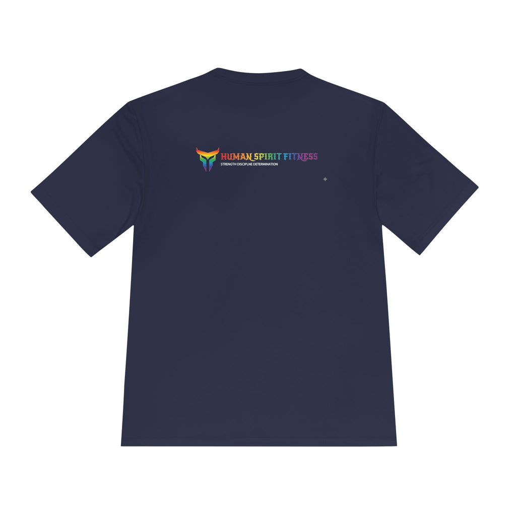 Unapologetically Strong Moisture-Wicking Tee — Rainbow Pride Fitness Shirt