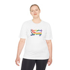 Unapologetically Strong Moisture-Wicking Tee — Rainbow Pride Fitness Shirt