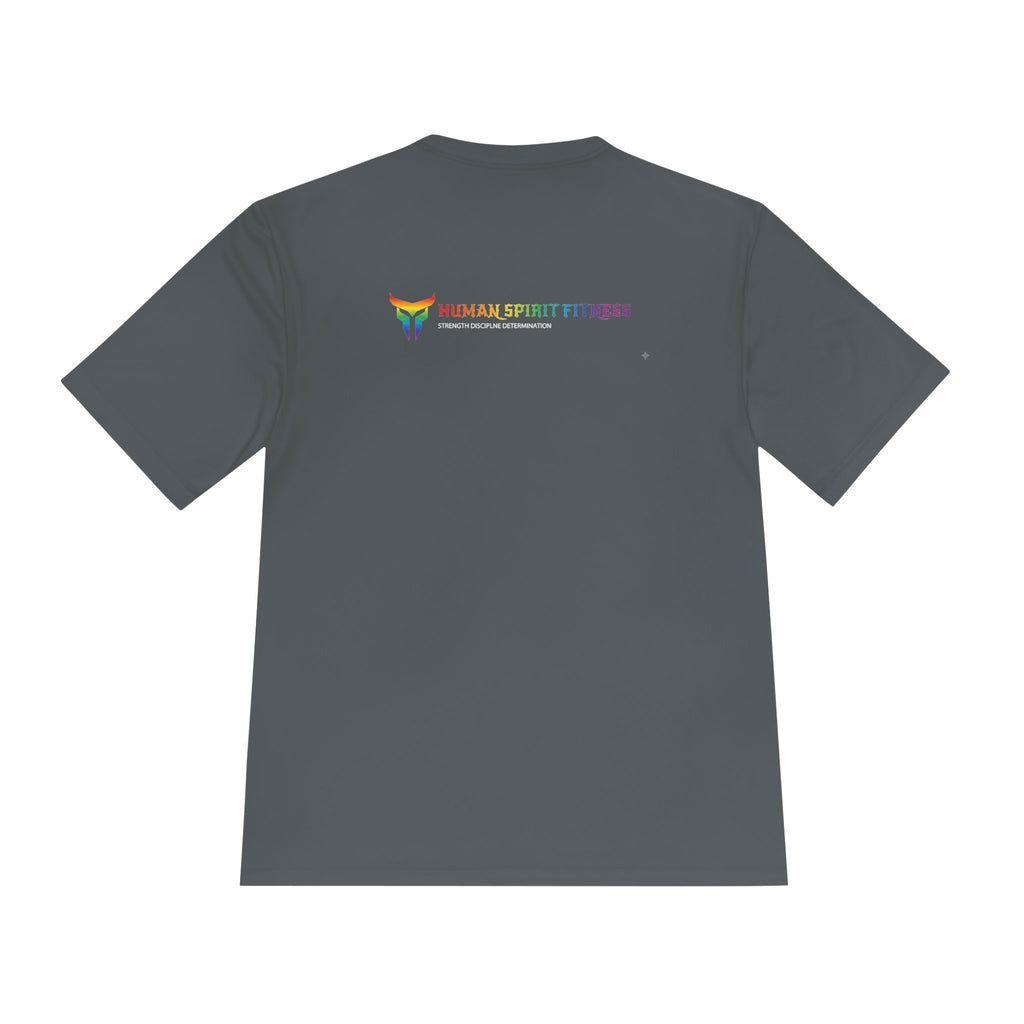 Unapologetically Strong Moisture-Wicking Tee — Rainbow Pride Fitness Shirt