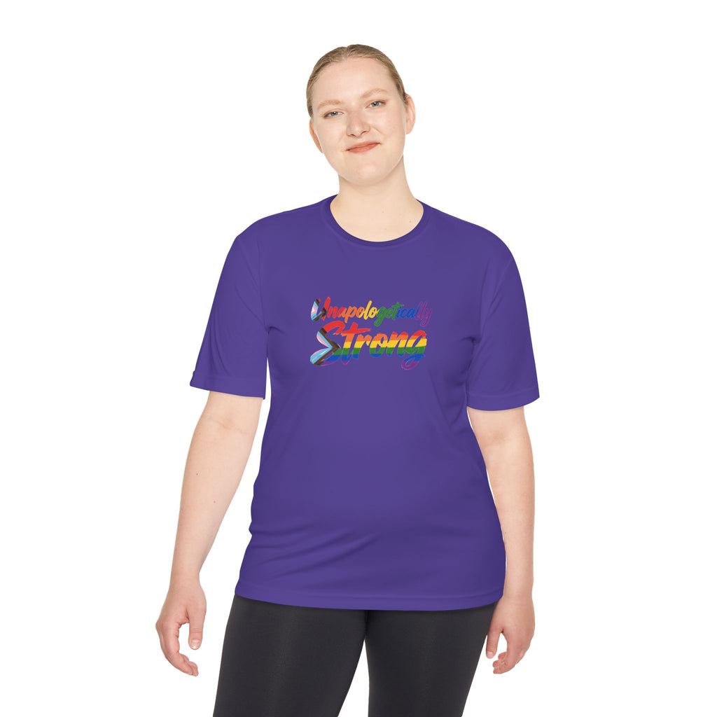Unapologetically Strong Moisture-Wicking Tee — Rainbow Pride Fitness Shirt