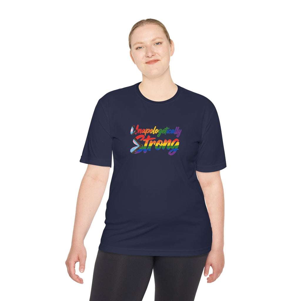 Unapologetically Strong Moisture-Wicking Tee — Rainbow Pride Fitness Shirt