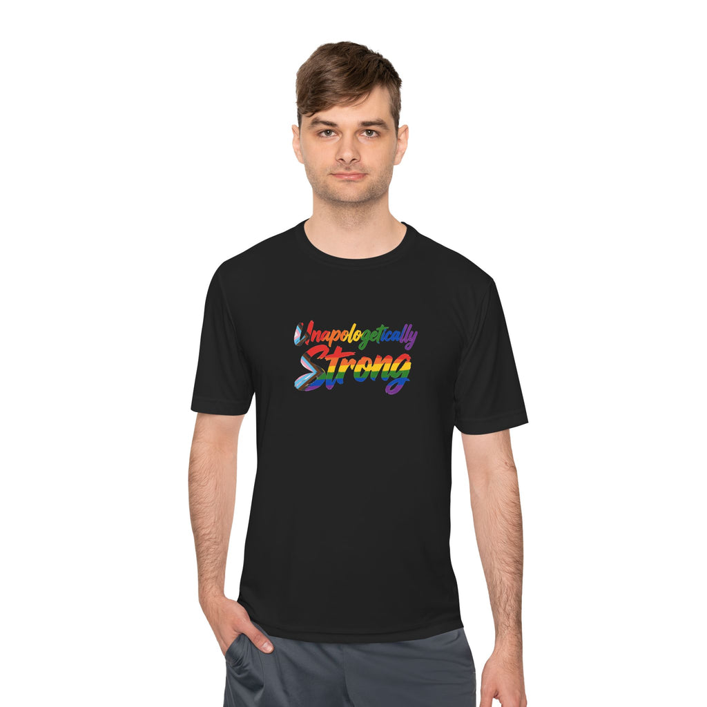 Unapologetically Strong Moisture-Wicking Tee — Rainbow Pride Fitness Shirt